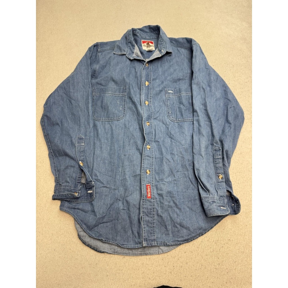 Vintage Marlboro Shirt Mens Medium Blue Denim Long Sleeve Button Up USA Made
